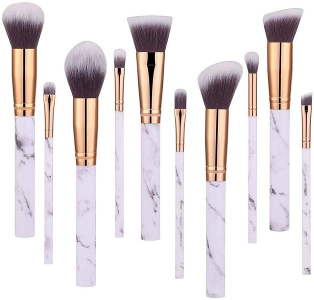 10 Piece Make Up Brushes Set - Black and white marble