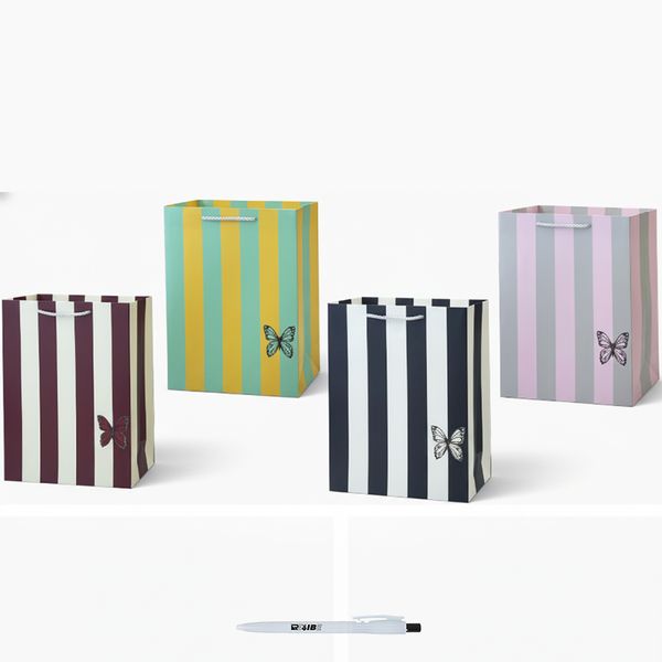 4Pcs Striped Small Gift Bags with Butterfly Design In 4 Colors + ReVibe Pen