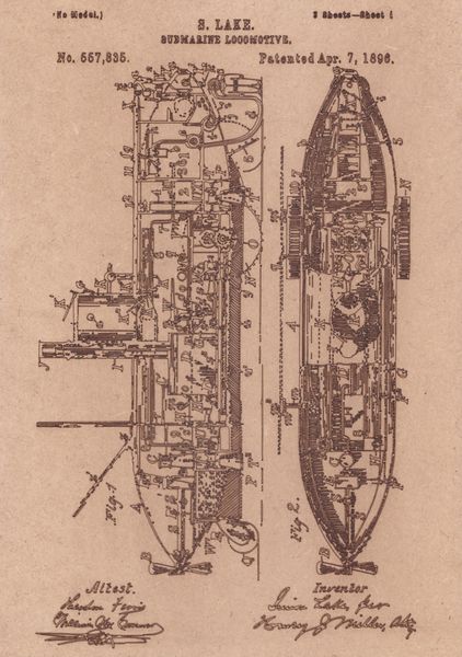 Vintage Patent Sketch Style Submarine - Unframed