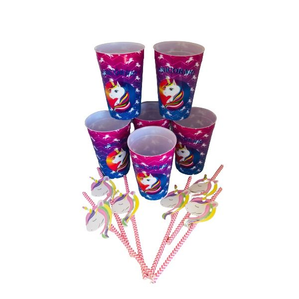 Plastic Unicorn Cups &amp; Paper Straws - Set of 6