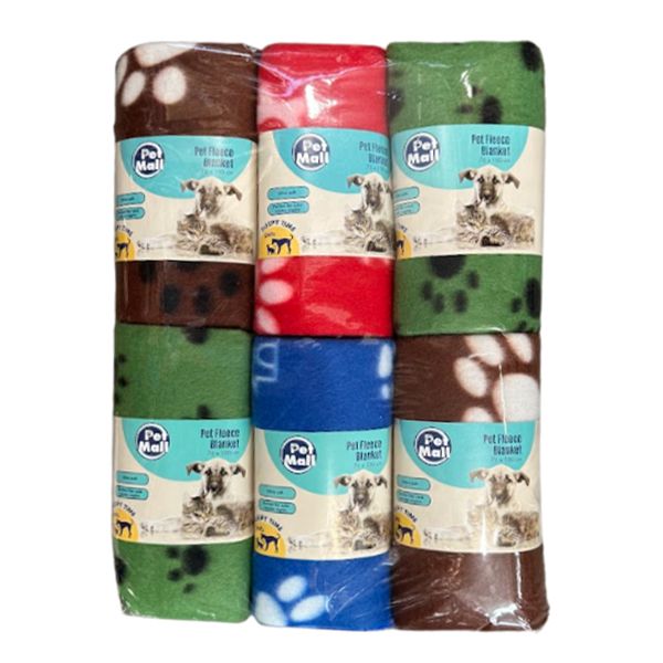 Pet Mall Pet Fleece Blanket Multi-Colour Paw Print (76 x 100cm) - 6 Pack