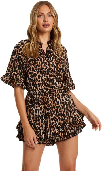Quiz - Women Stone Leopard Print Button Up Playsuit