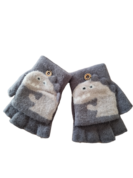 Boys Grey Dinosaur Fingerless Gloves With Option To Cover Fingers