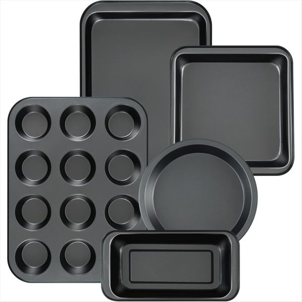 Kitchen 5-Piece Nonstick Bakeware Set - Round/Square Cake Pans, Muffin Pan,