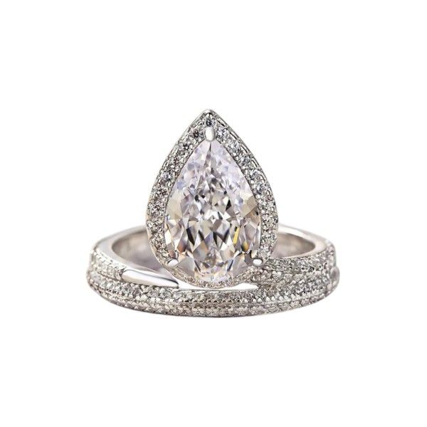Halo Statement Ring With Pavé Accents &amp; Pear-Cut Ziconia Center - Silver