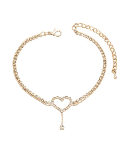 Shiny Rhinestone Hollow Heart &amp; Water Drop Pendant Anklet
