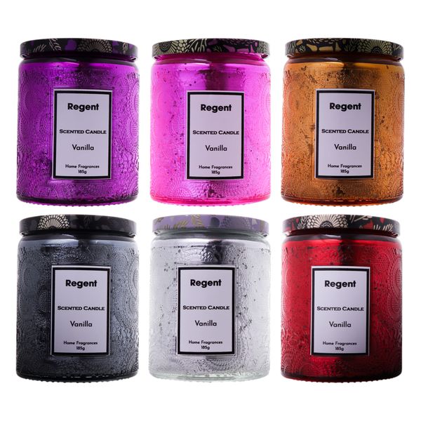 Regent Scented Candles in Embossed Glass Jars - 185g - 6 Pack