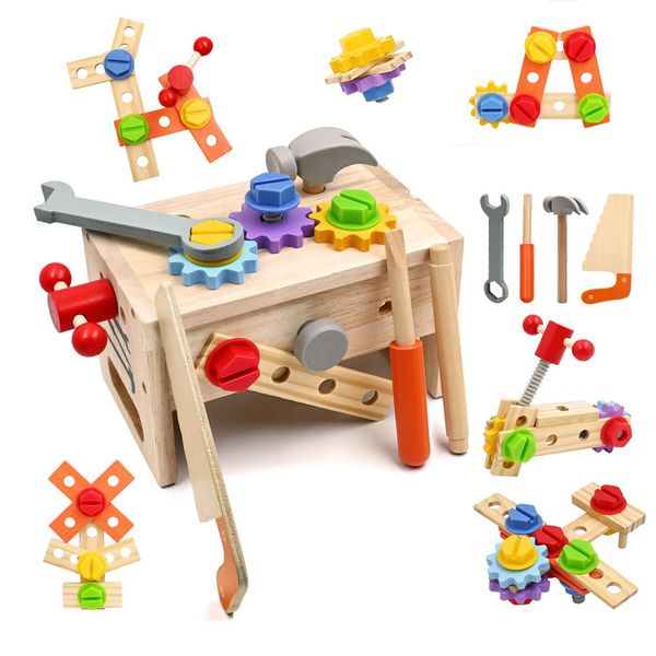 Wooden Kids Toy Set, 29 Piece Montessori Wooden Tool with Bench, Wooden Toys