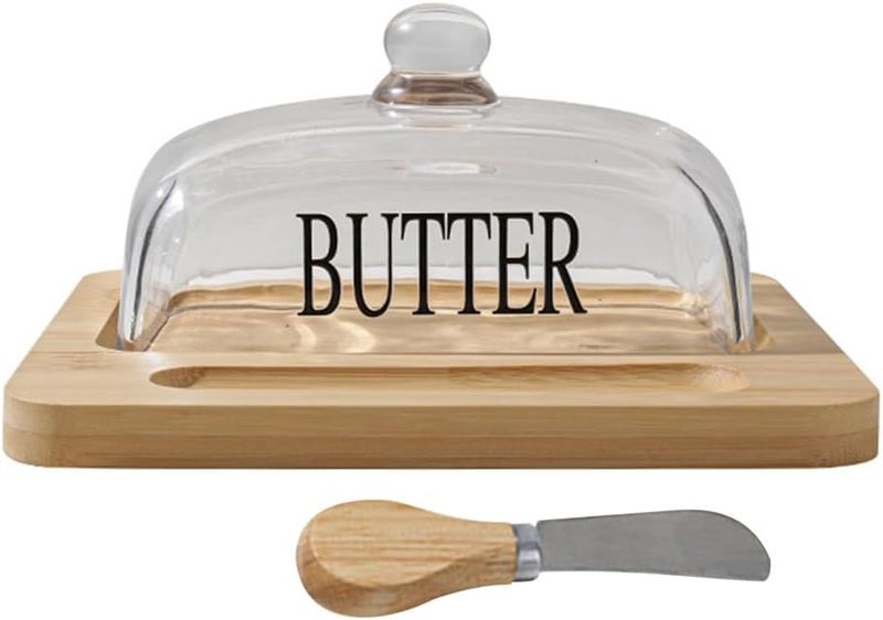 Clear Glass Covered Butter Bamboo Container/Tray with Knife