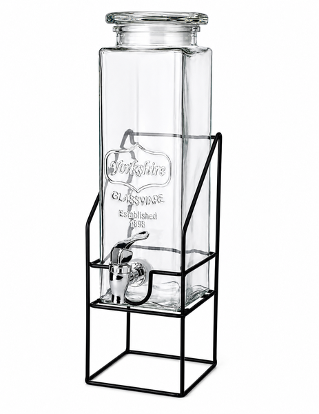 Elegant Square Mason Jar Beverage Dispenser and Black Stand - 2.2L