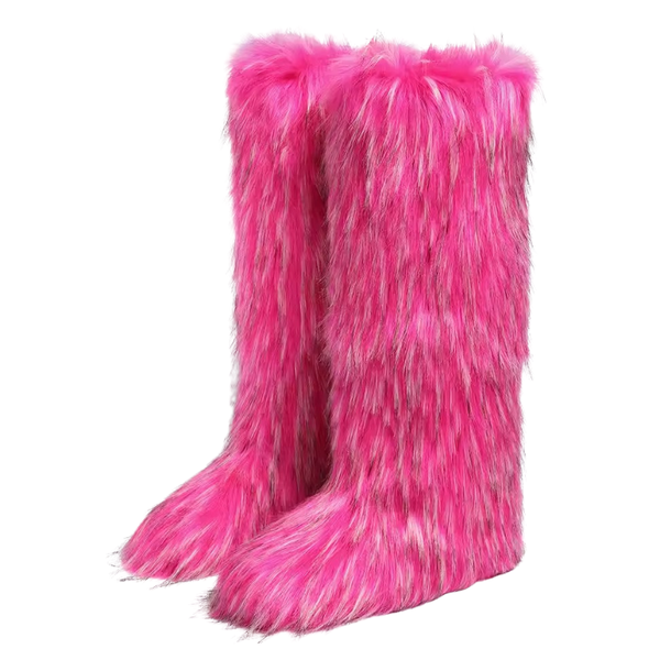 Hot Pink Faux Fur Knee-High Boots | Fluffy Winter Snow Boots for Women