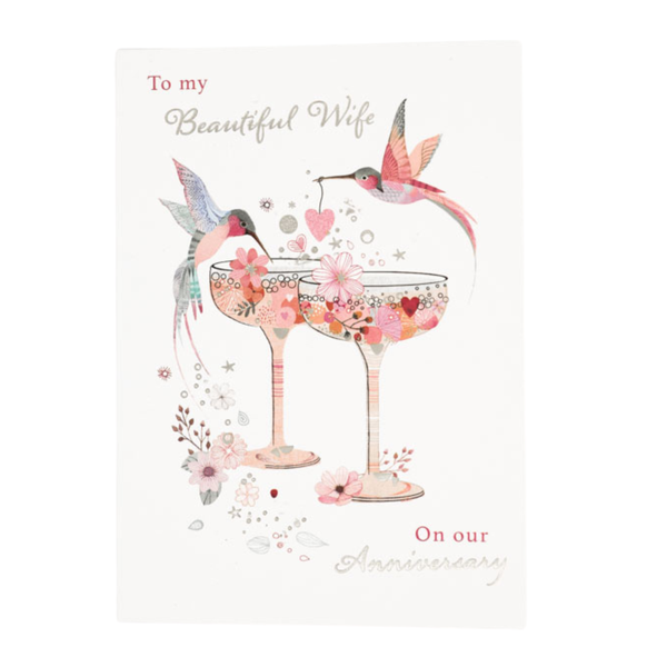 Anniversary Card - "Beautiful Wife" Hummingbirds &amp; Champagne