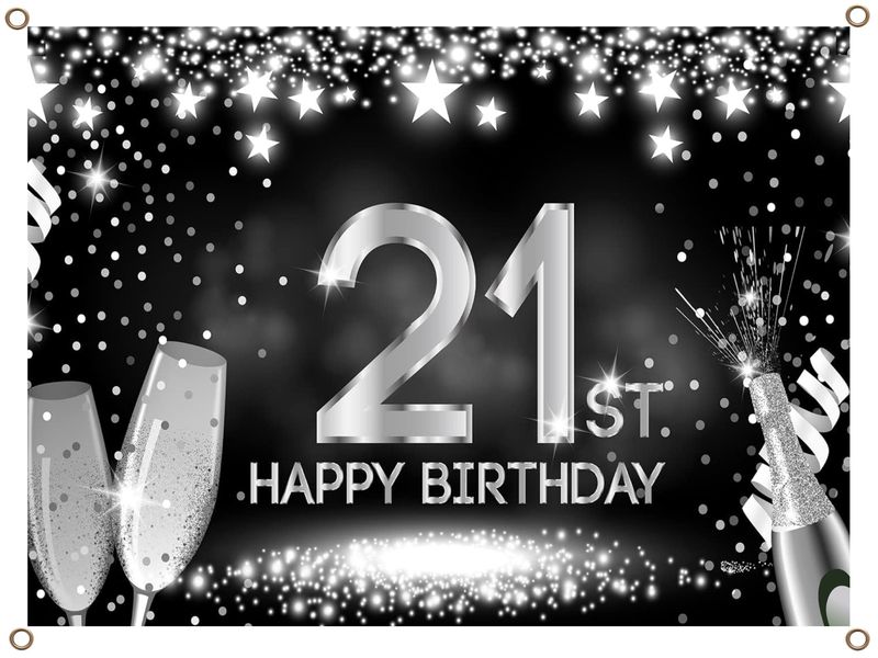 Happy 21st Birthday Banner PVC Silver and Black 1.3MX900MM