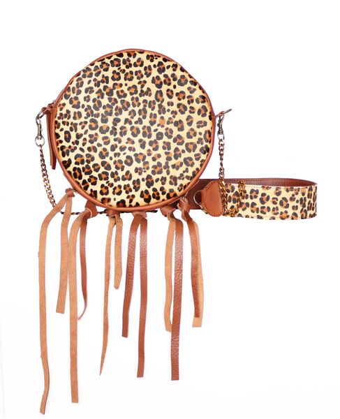&amp;Seek Circular Leather Handbag with Tassels in Leopard Print