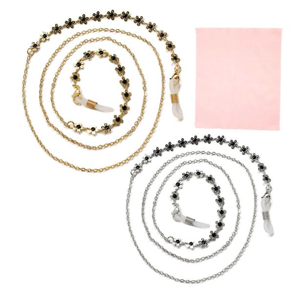 Anti-Slip Eyeglass Chains &amp; Microfiber Cloth-Gold &amp; Silver Flowers - 2 Piece