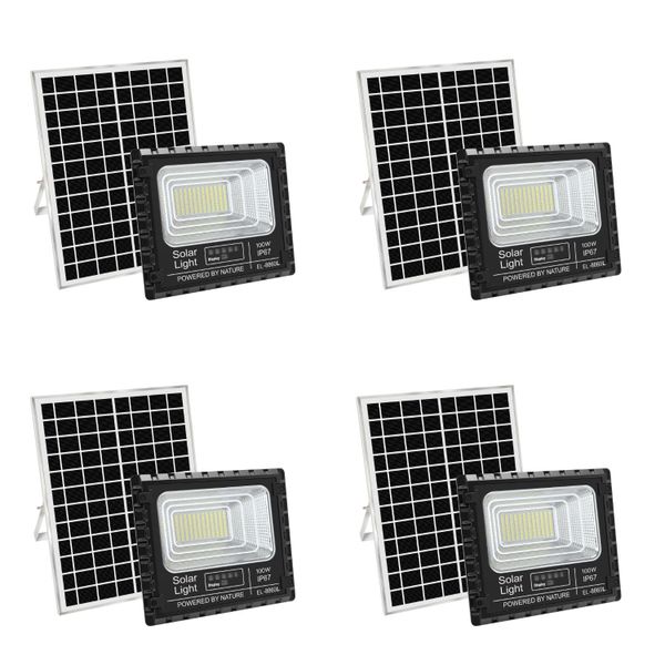 100W Solar LED Flood Light With Remote - 4 Pack
