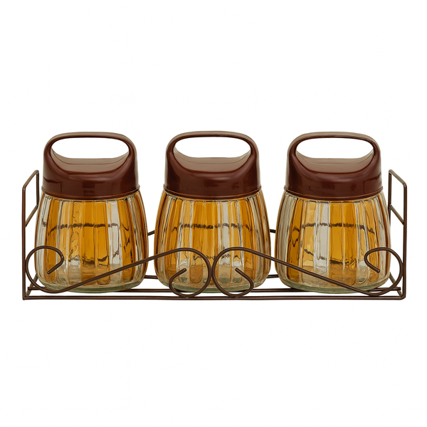 3-Piece Glass Spice Jar Set with Metal Rack