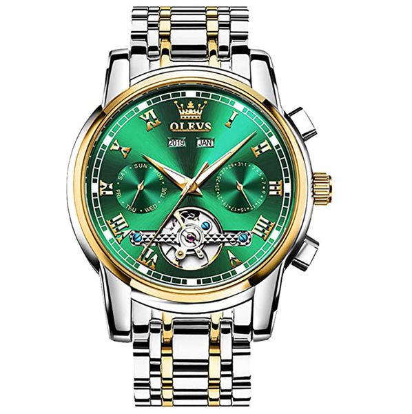 OLEVS Automatic Stainless Steel Tourbillon Watch - Silver Gold Green
