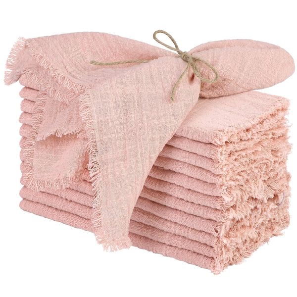 24 Pieces Cotton Linen Cloth Napkin Handmade Cloth Napkin with Fringe-Pink