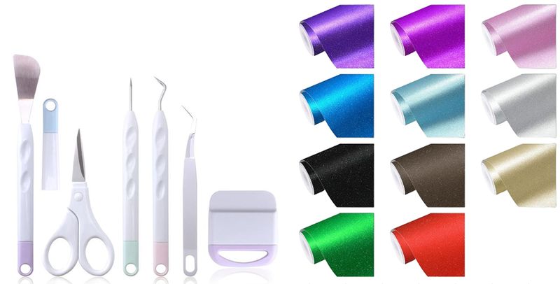 Vivid Colours Holographic Glitter Sticker Vinyl x11pc +1m Transfer + Tools