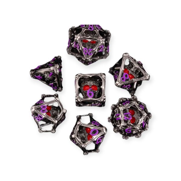 7-Piece Hollow Metal 3D Skull Dice Set with Red Eyes for RPGs