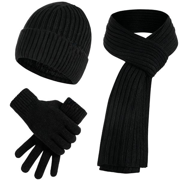 3-piece Set Winter Warm Beanie Hat, Long Scarf and Touchscreen Gloves Set