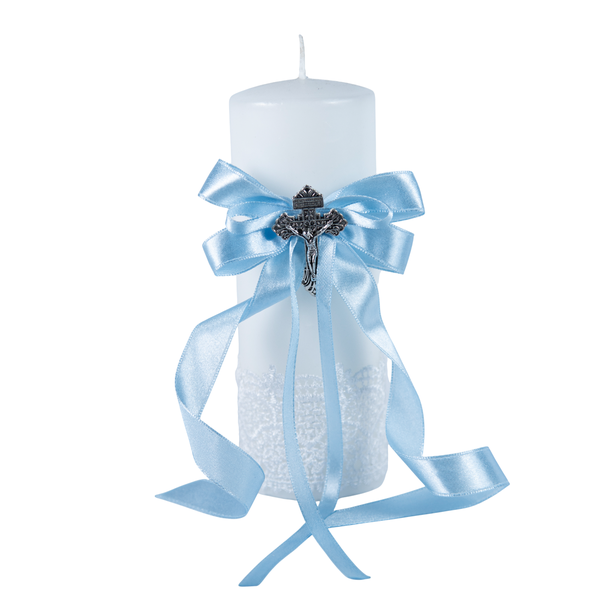 Christening Pillar Candle with Lace, Bow and Crucifix - 18cm
