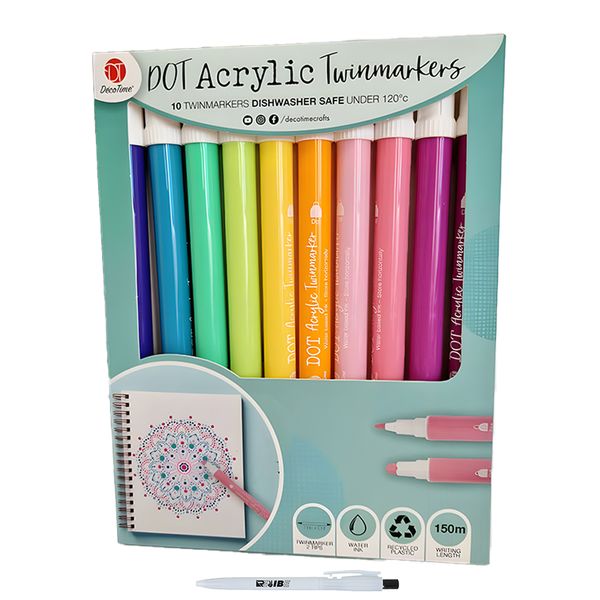 Assorted Packs 10 Colors Dual Tip Water Ink Dot Acrylic Markers +ReVibe Pen