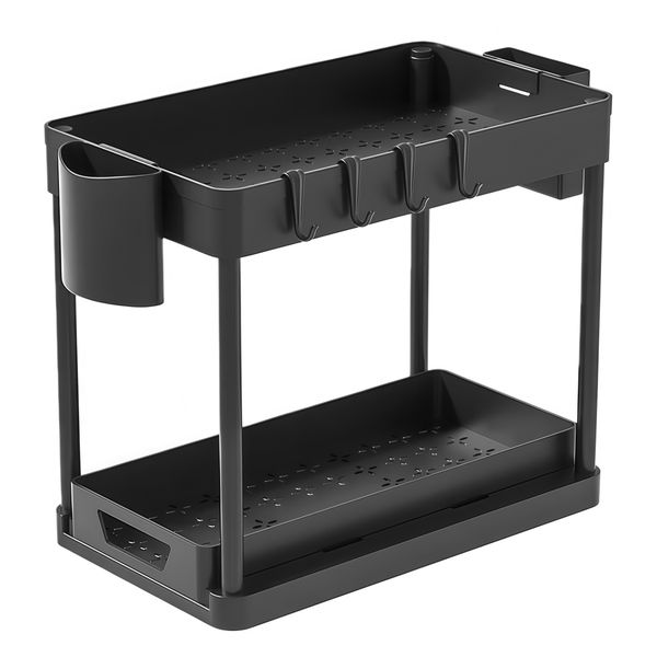 2-Tier Double Sliding Under Sink Organizer W/2 Cup 4 Hooks Kitchen Storage