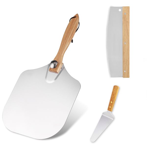 3pc Foldable Wood Handle Pizza Set Family Oven Baking Peel Spatula Cutter