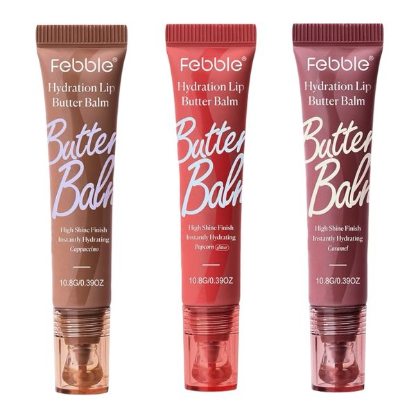 3 Pack Febble High Shine Butter Balm Instant Hydration Colour Lip Gloss