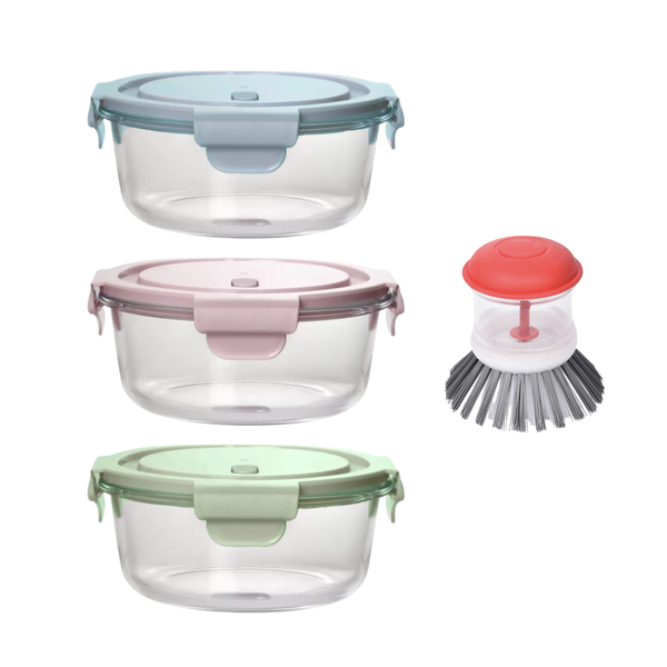 Leak-Proof Glass Containers and Soap Dispensing Scrubber Brush - 3-Pack - 950ml