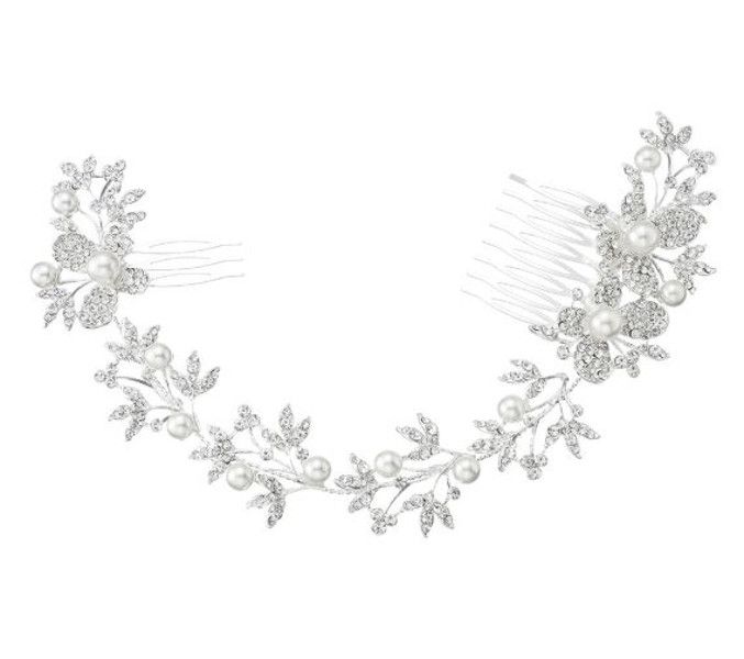 Olive Tree - Crystal &amp; Pearl Styled Hair Comb - Bridal/Formal Event
