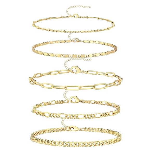 5PK-Gold Chain Bracelets Set for Women Trendy Stackable Bracelet Adjustable