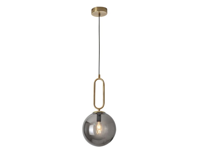 Gold Colour Metal Pendant Light with Smoke Colour Glass - Bulb Included