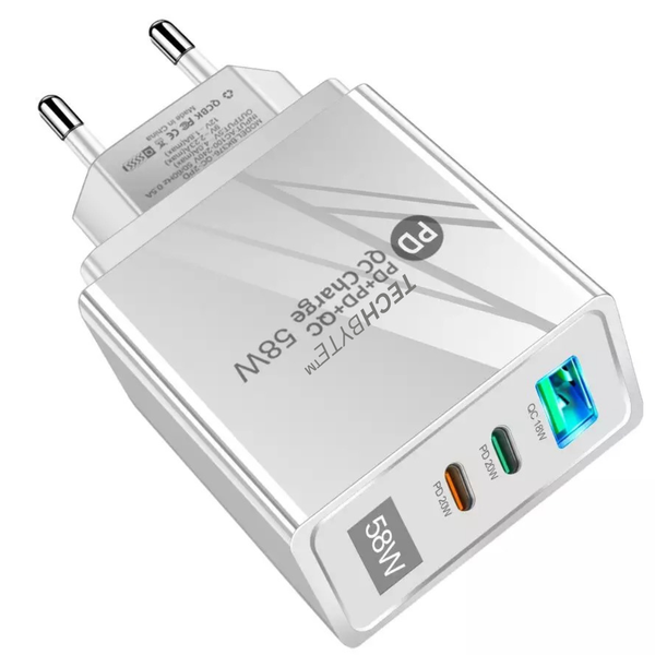 TechByte USB Wall Charger/Adapter - 58W - 3 Port - Fast Charge - USB A + C