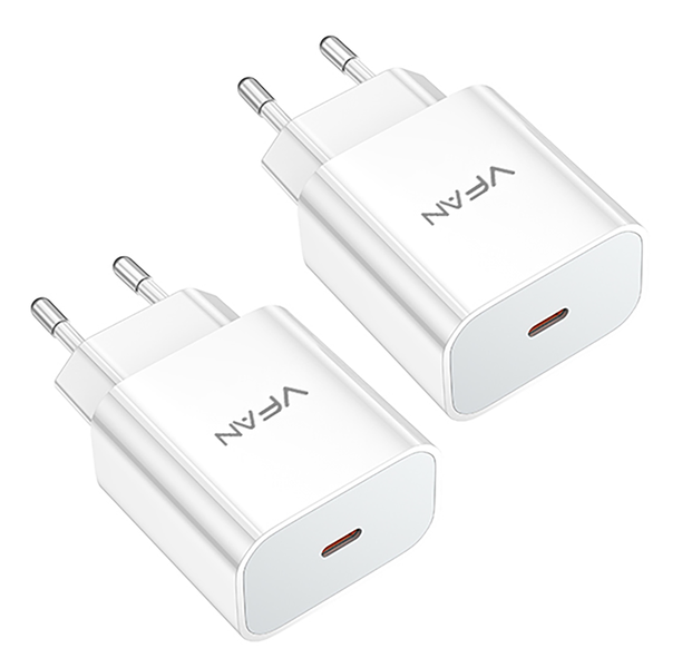 VFAN 2 PACK 1 Port 20W PD Adapter, USB-C Fast Charger, White