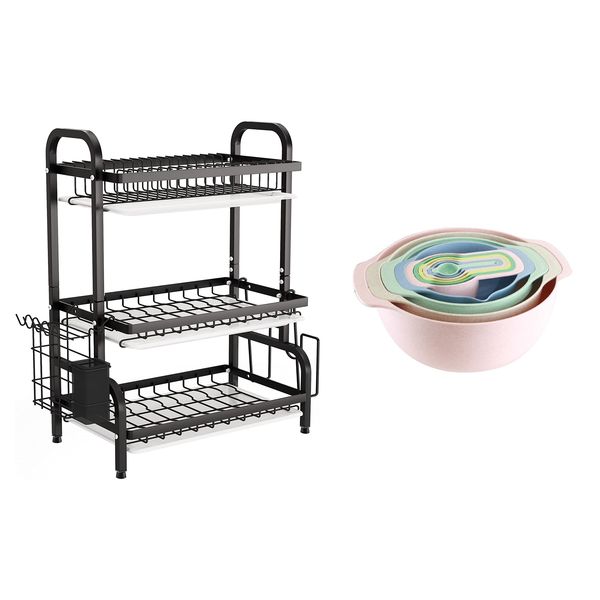 3-Tier Dish Drainer Rack With Stackable Mixing Bowl And Measuring Cup Set
