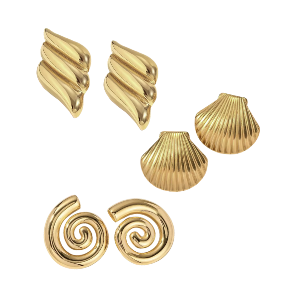 Gold Statement Earring Set - 3 Pairs Geometric, Shell &amp; Spiral Design