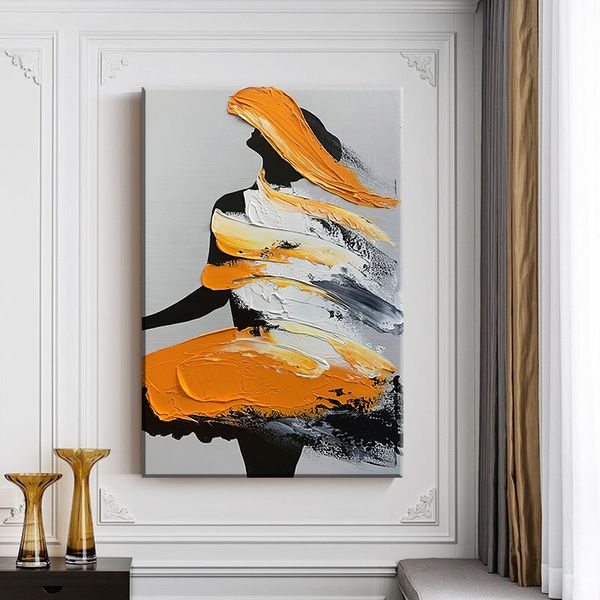 Yellow Black Texture Hand Painted Woman Canvas Print Wall Art Décor