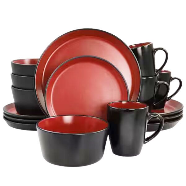 Aura 16 Piece Black, Red Stoneware Dinnerware Set