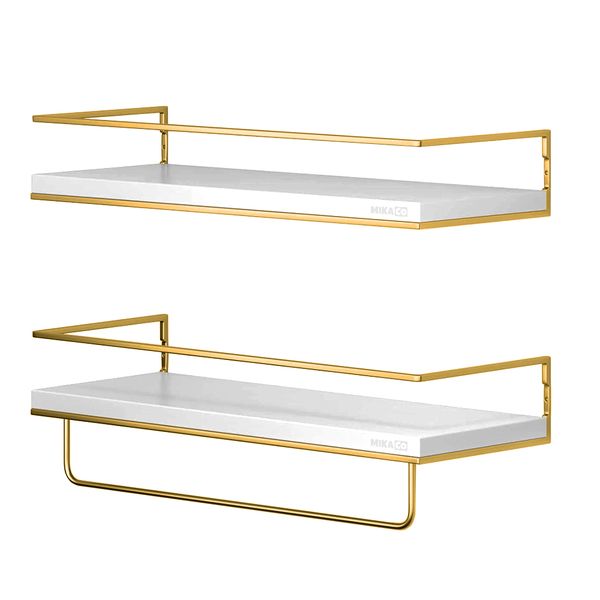 MIkaco Wall-Mounted Floating Shelves with Towel Bar - White Gold