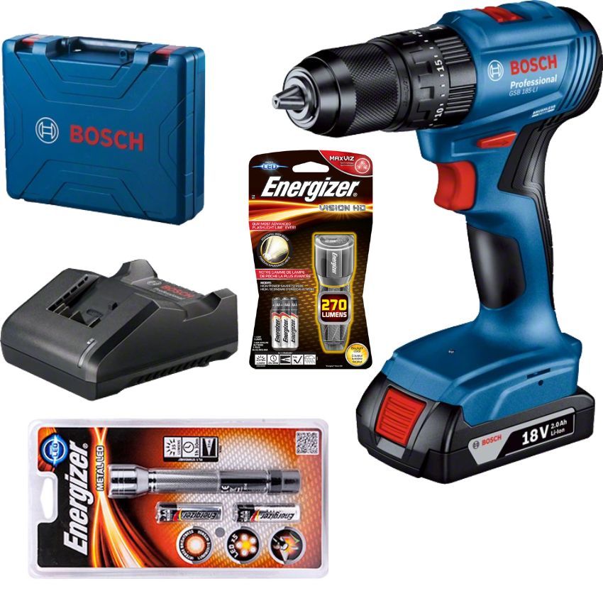 Bosch - Professional Cordless Drill (GSB 185-LI) & Energizer LED Torches