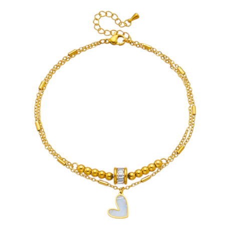 Dual-Layer Stainless Steel Anklet with Beaded Accents and Heart Charm -Gold Image