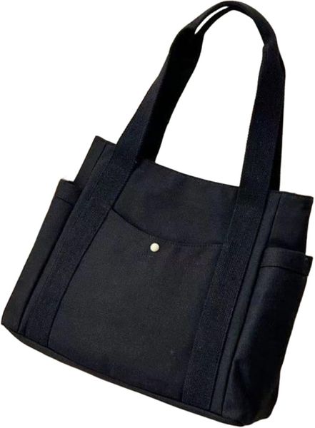 Multifunctional Canvas Shoulder Tote Bag with Pockets -White