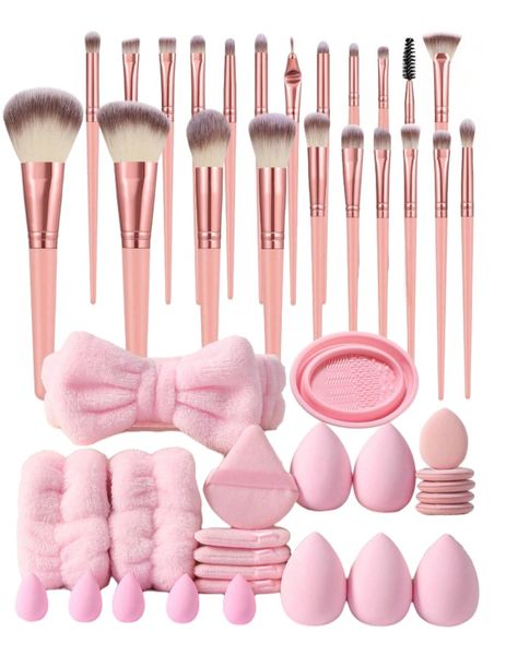 46 Piece Synthetic Makeup Brush Set With Beauty Blender Sponges - Rose Pink