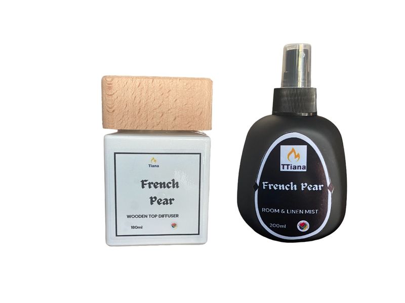 TTiana French Pear Wooden Top Diffuser - 180 ml and Room /Linen Mist - 200ml