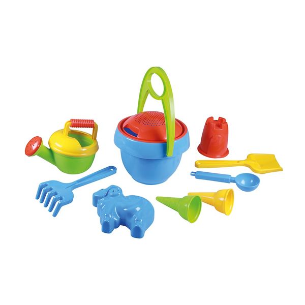 LENA Sand Play Set Including Bucket, Sieve, Spade, Moulds etc. 10 Pieces