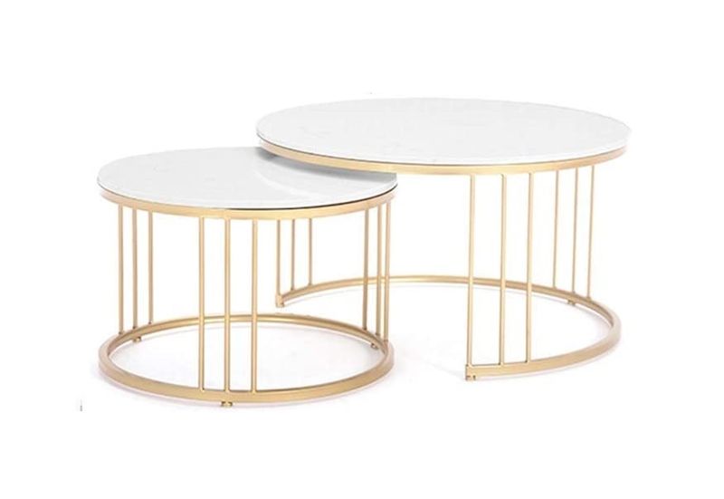 Coffee Table Set of 2 – Rounded Marble Top – White / Gold Colours