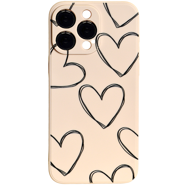 Beige - Phone Case with Black Drawn Hearts &amp; Pro Cam - Iphone 15 Pro Max